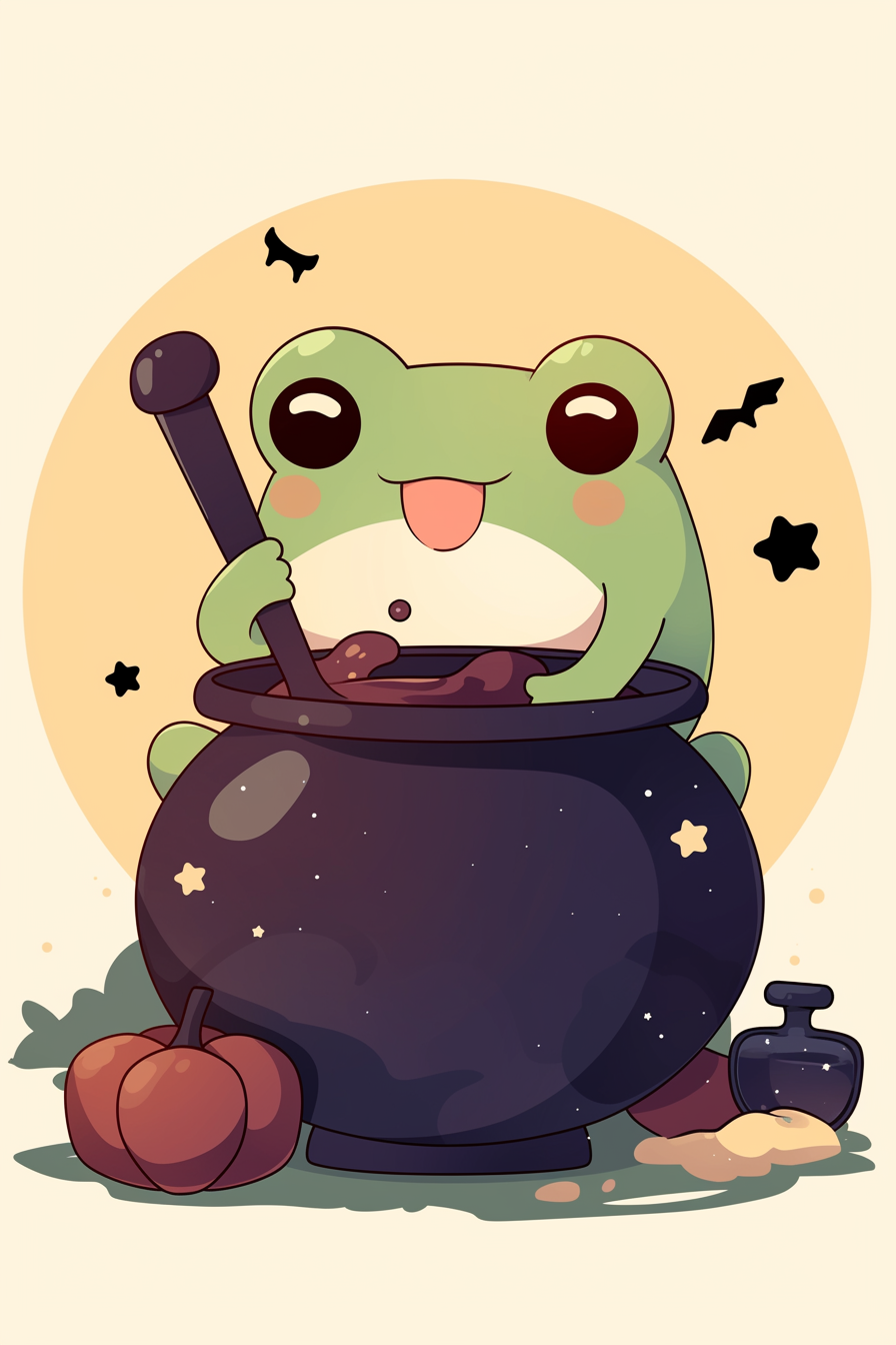 Halloween frog drawing ideas 2 featuring a cute green frog sitting in a witch's cauldron with bats and a pumpkin around.